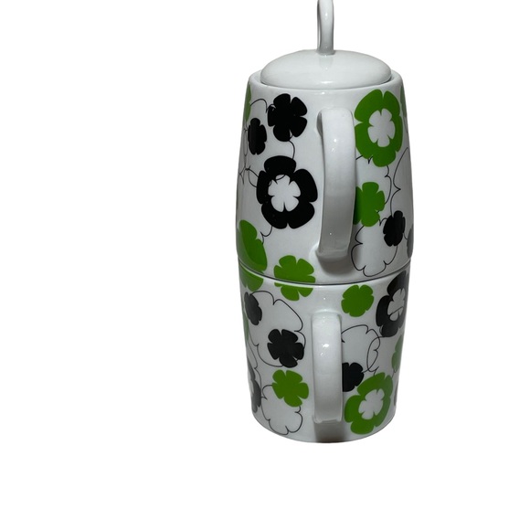 Stackable Teapot And Cup Set Bold Modern Flower Power Stir Gift Navy Blue Green - Picture 3 of 13